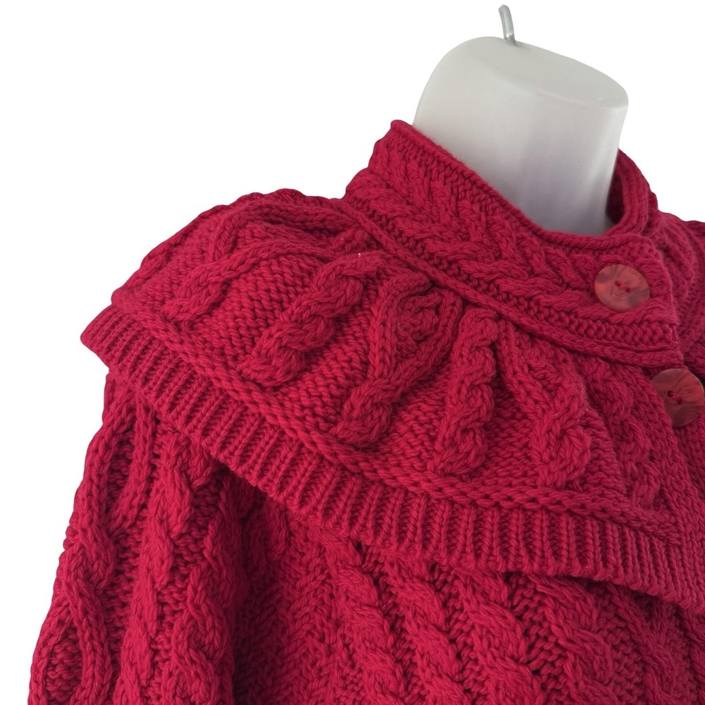 Aran Crafts Long Cardigan Sweater Womens L Red Wool Cable Knit Ireland Fisherman - Picture 10 of 16